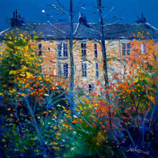 A vibrant impressionist-style painting of a building with autumn foliage in the foreground under a night sky. By John Lawrie Morrison OBE